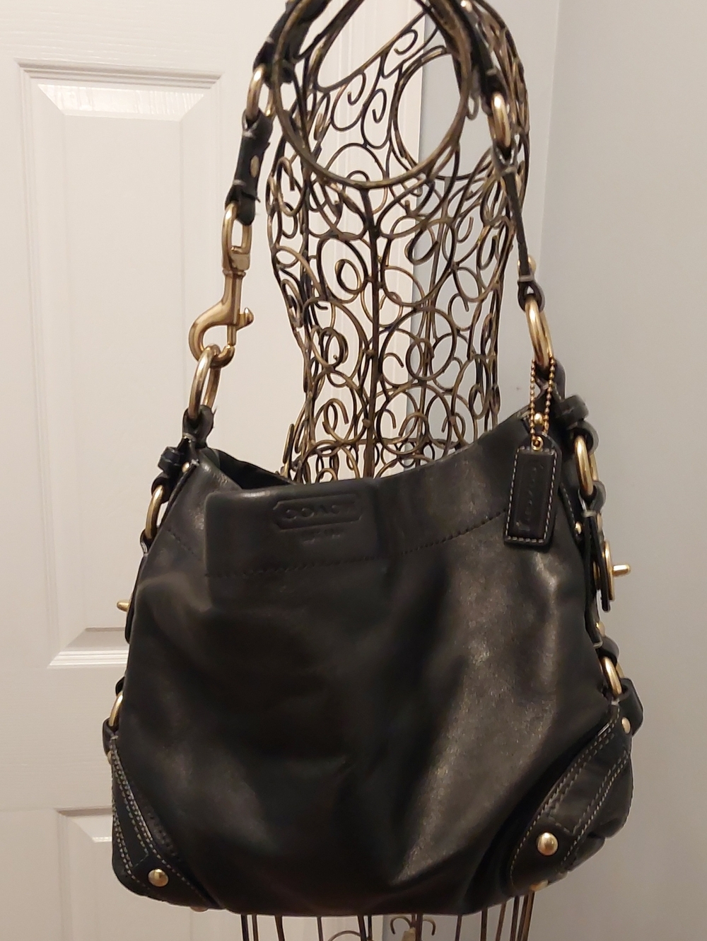 Coach Black Leather Shoulder Bag with Gold-Tone Hardware